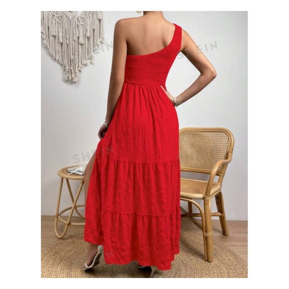 One Shoulder Ruffled Hem Maxi Sundress with Side Slit LARGE - Picture 2 of 8
